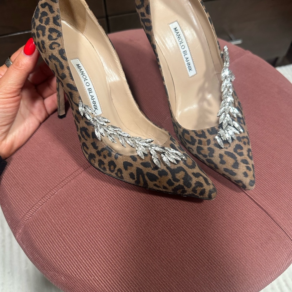 Manolo Blahnik Animal Print Heels with diamond across the toolbox
